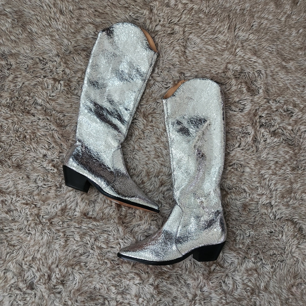 Schutz Fantinne‎ Pointed Toe Leather Western Boots Silver Women's Size 7